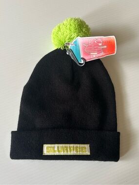 Slurpee Pom Beanie Hat in Black with Lime Pom